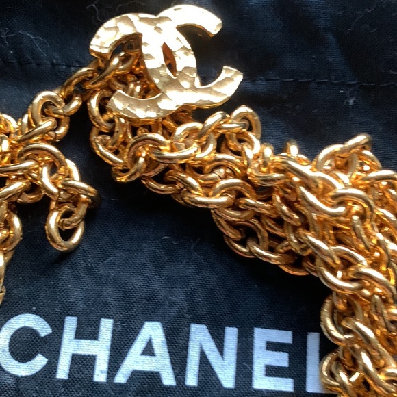 CHANEL 💛 Vintage RARE Gold Tone Chunky CC Logo 5 Chain Link Belt Necklace  🖤 - Picture 3 of 12